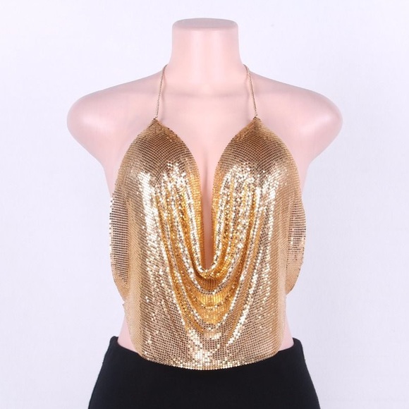 Tops - Backless Sequined Top Gold